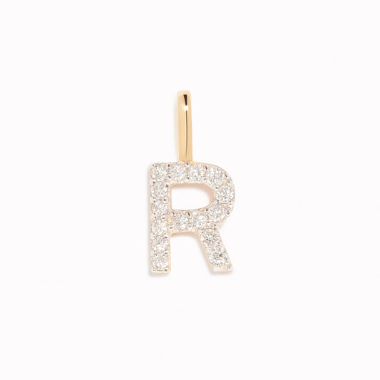 Diamond Initial Pendant 14k Gold - R with brilliant diamonds on a white background displayed vertically