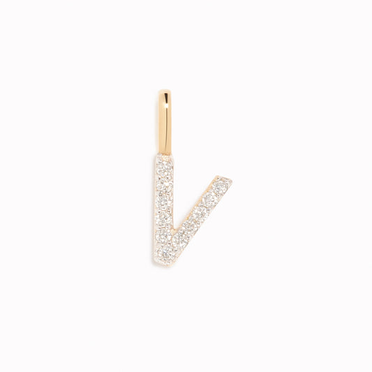 Diamond Initial Pendant 14k Gold - V featuring brilliant diamonds on a gold charm displayed on a white background