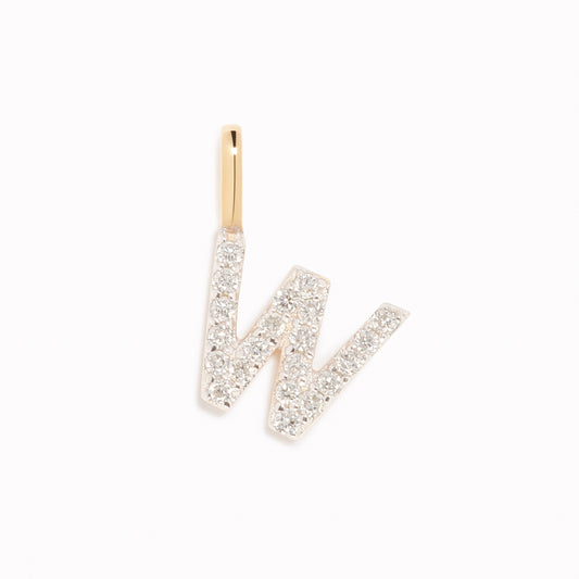 Diamond Initial Pendant 14k Gold - W with brilliant diamonds on a white background in a minimalist style