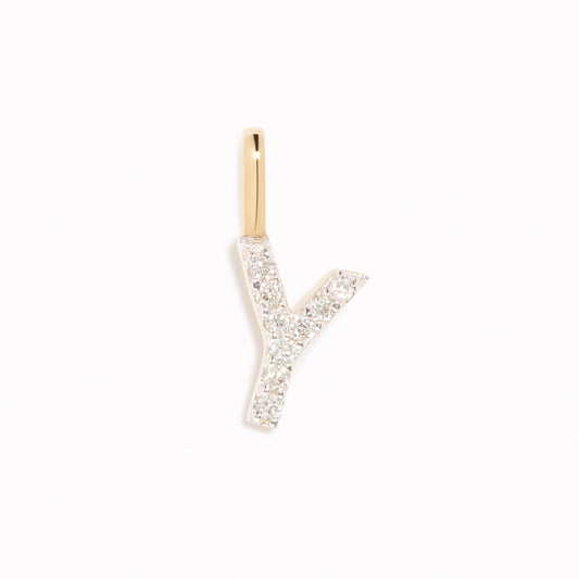 Diamond Initial Pendant 14k Gold - Y with sparkling diamonds on a white background in a vertical position