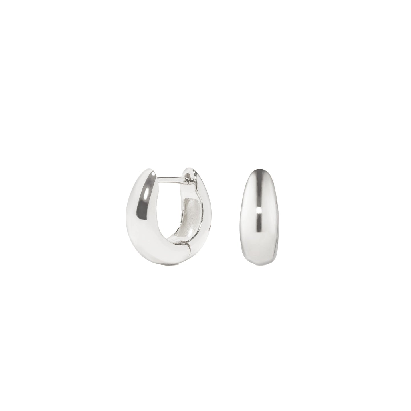 Dome Huggie Earrings Silver - Caja showing tapered dome shape with polished sterling silver and hinge back closure on white background