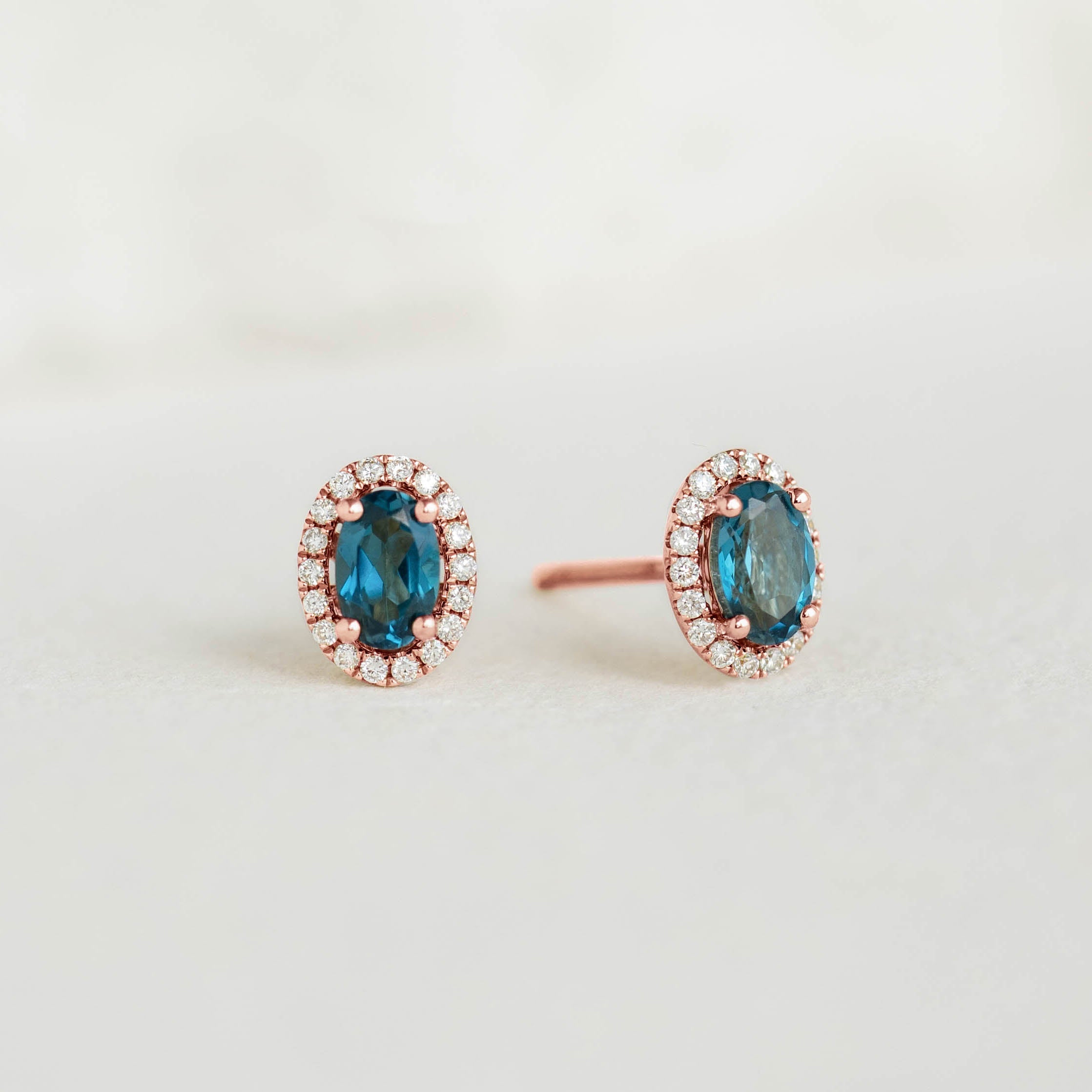 London Blue Topaz Halo Stud Earrings Rose Gold Marzia Linjer