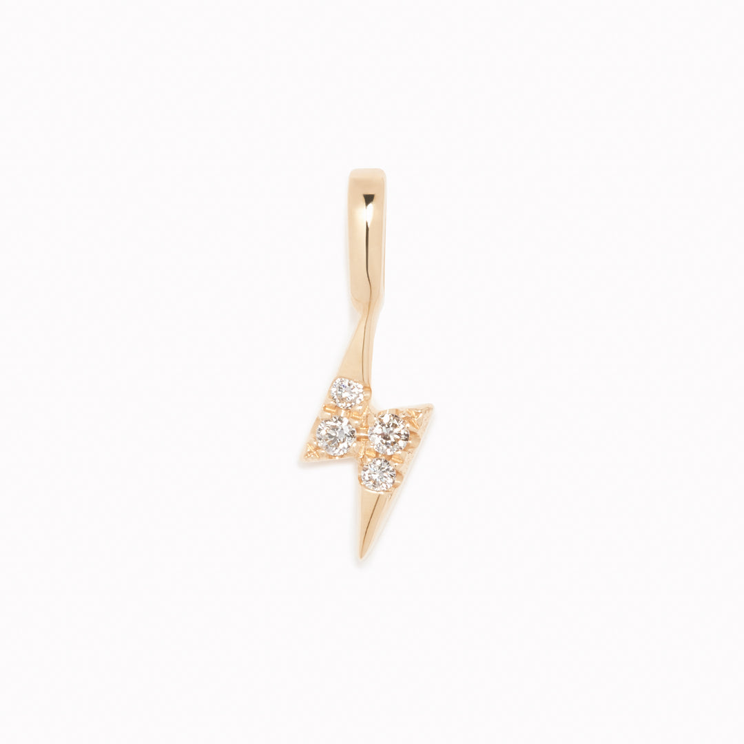 Diamond Lightning Bolt Charm 14k Gold with round diamonds set in yellow gold on a white background