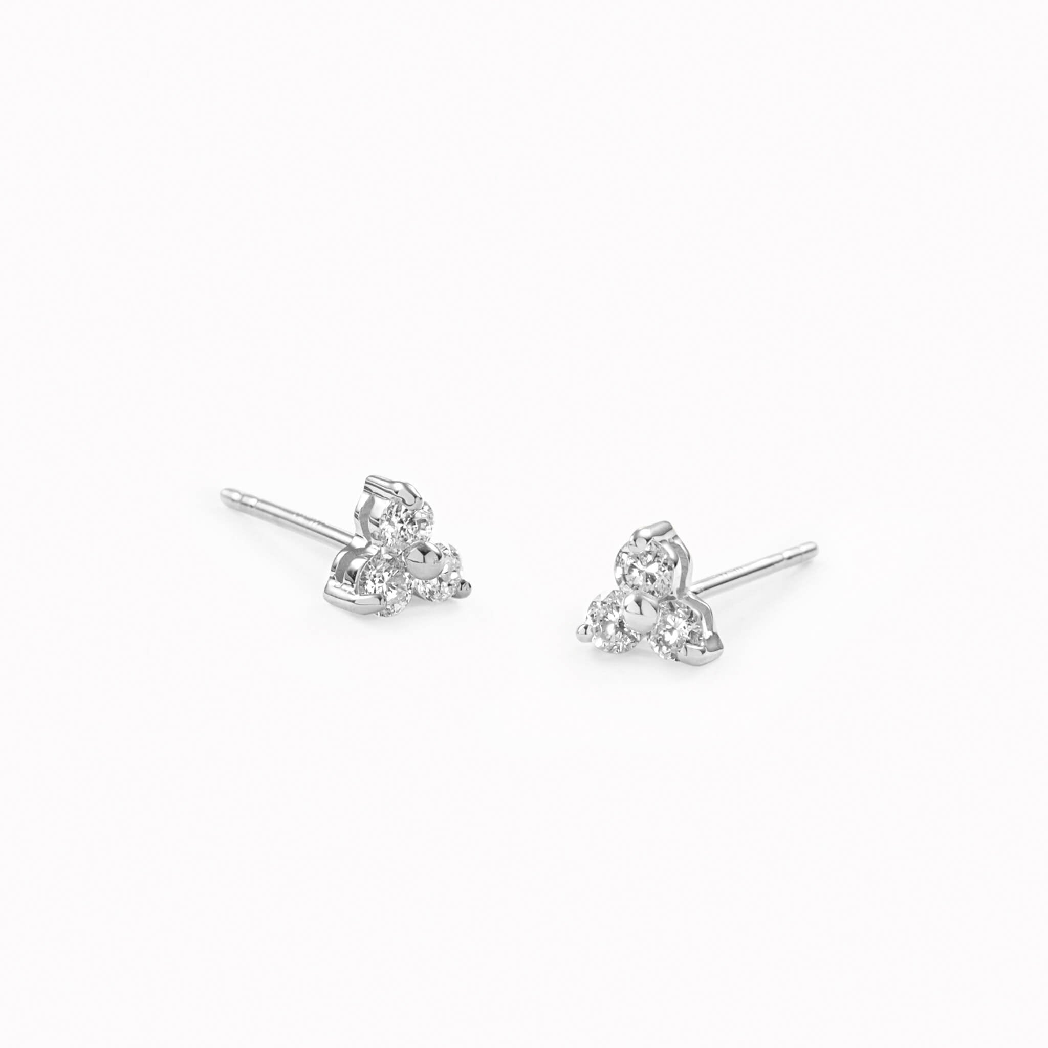 14k White Gold Diamond Stud Earrings - Trillium with three lab grown diamonds in a delicate flower design on white background