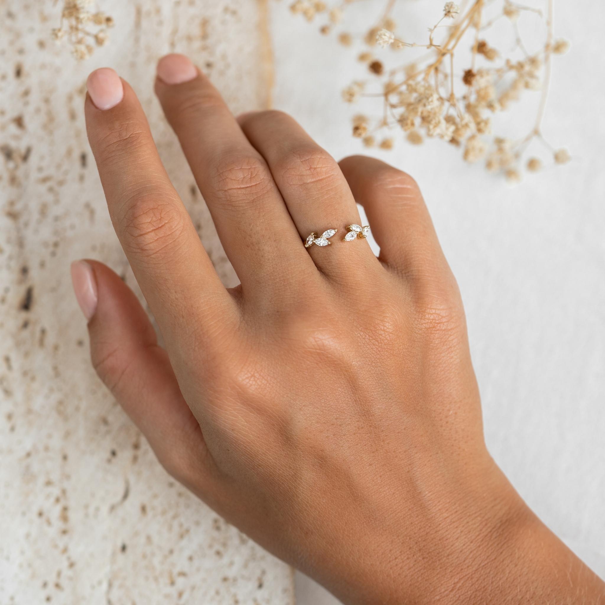 Open Lab Grown Diamond Leaf Ring 14k Gold - Ada | Linjer Jewelry