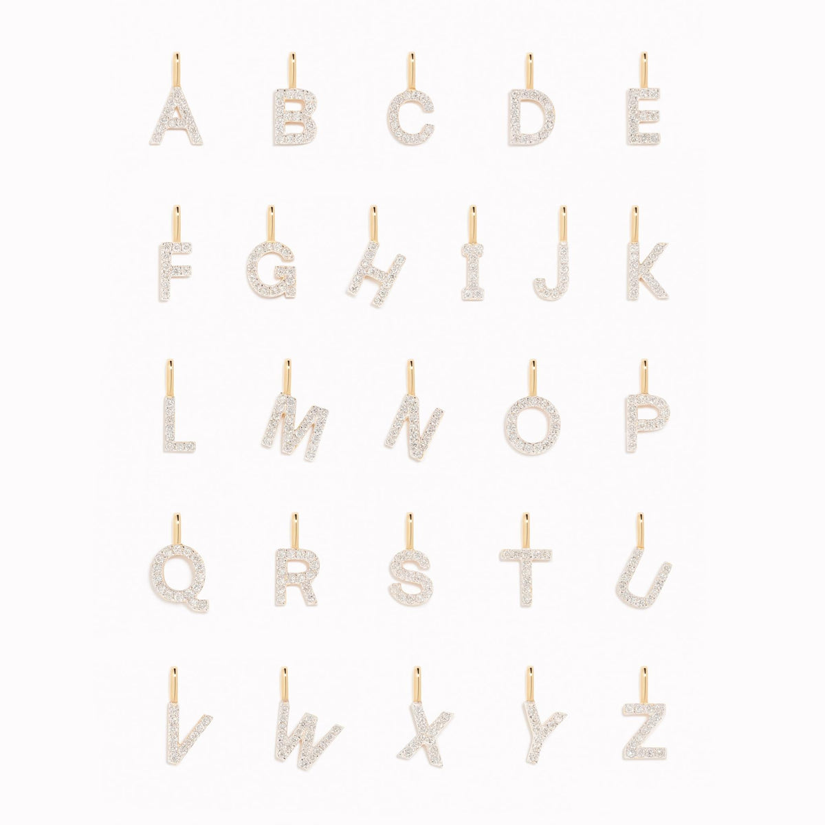 Diamond Initial Pendant 14k Gold - U along with other diamond-studded letter pendants displayed on a white background