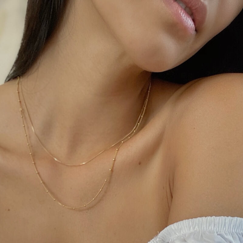 Close-up of a woman’s neck and shoulder wearing layered delicate gold chain necklaces and a white off-shoulder top
