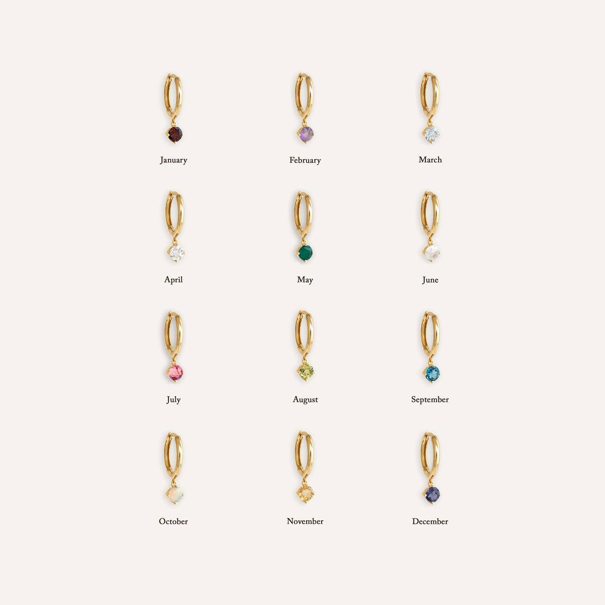 Collection of gold vermeil birthstone drop huggie earrings including July Birthstone Drop Huggie Earrings - Pink Tourmaline