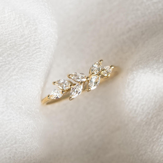 Diamond leaf ring with lab grown diamonds set in 14k yellow gold