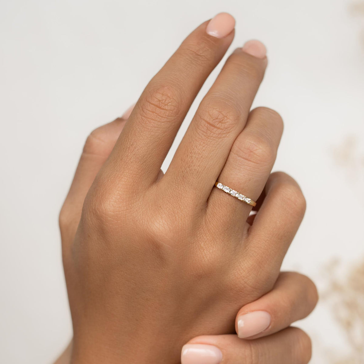 Solid gold band with 5 lab grown diamonds