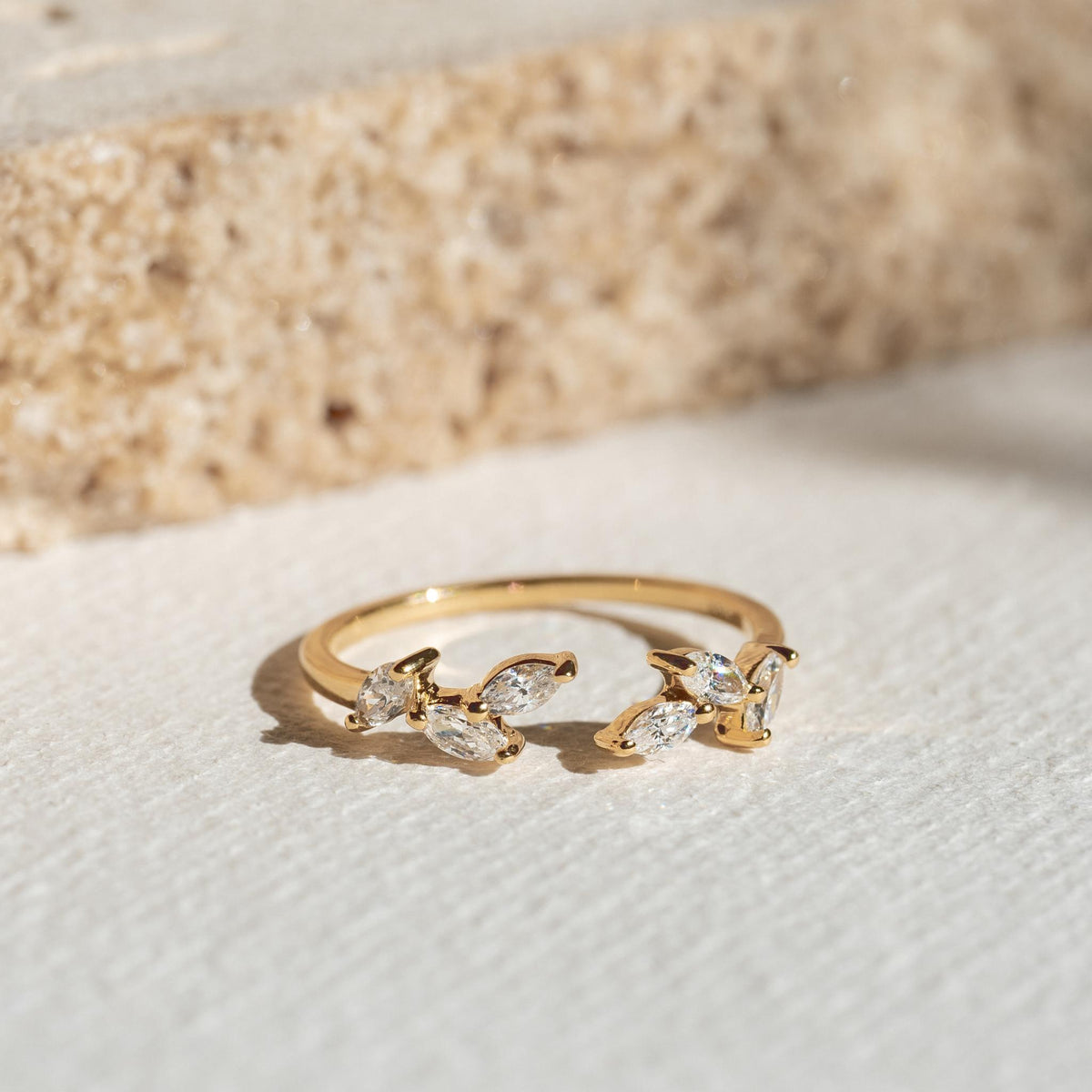 Marquise cubic zirconia open leaf ring in gold vermeil