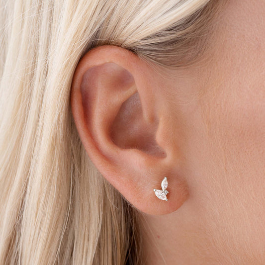 Cubic Zirconia silver stud earrings on model
