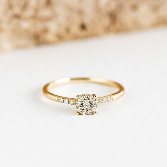 Round Cluster Diamond Ring 14k Gold - Zaira with 16 sparkling diamonds set on a delicate yellow gold band
