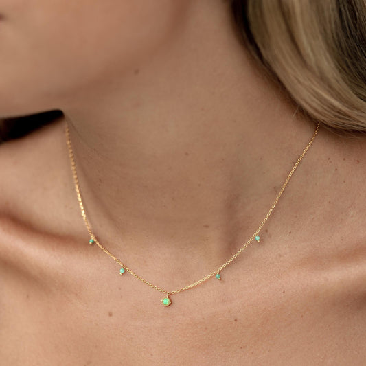 Amazonite gemstone necklace in gold vermeil on model