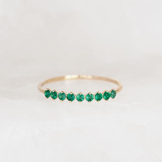 May Birthstone Ring 14k Gold - Green Chalcedony featuring nine small green gemstones on a delicate gold band