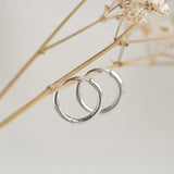 Close-up of White Gold Huggie Earrings - Emilia hanging on a dried beige branch with soft neutral background