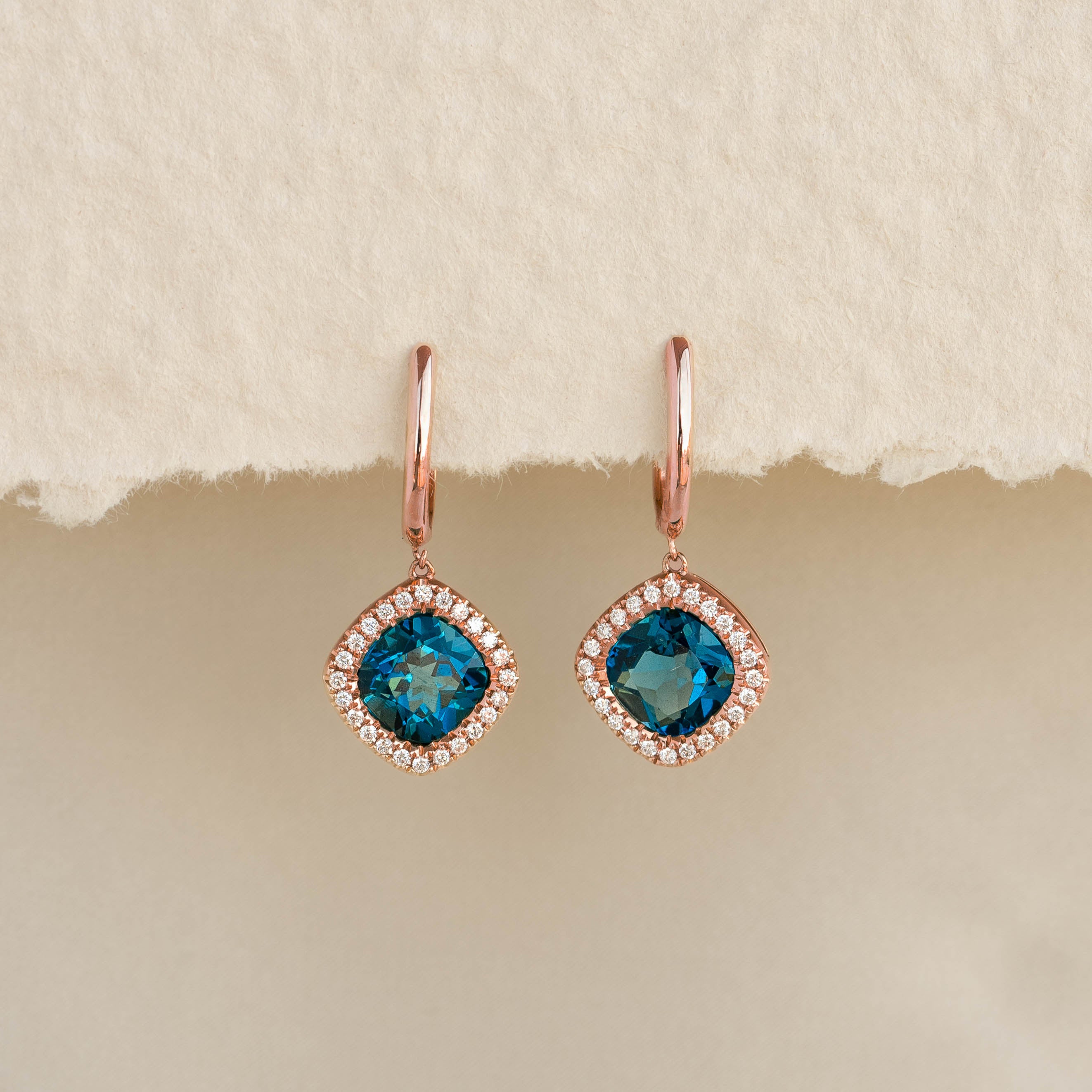London Blue Topaz and Diamond Halo Drop Earrings Rose Gold