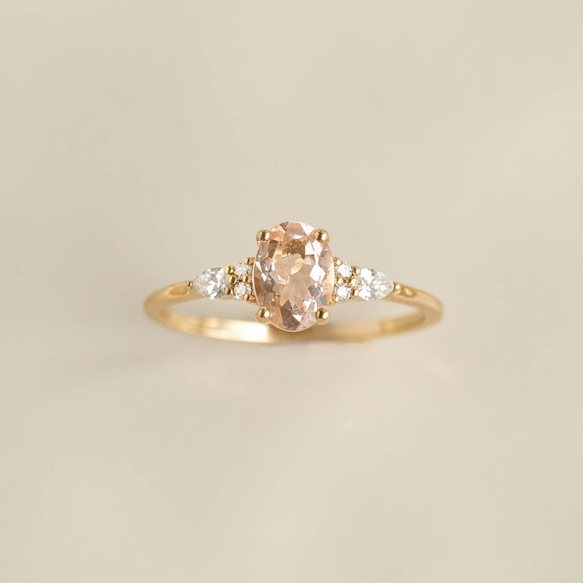Close-up of Morganite and Diamond Ring 14k Gold - Rochelle featuring oval morganite and diamond accents on gold band