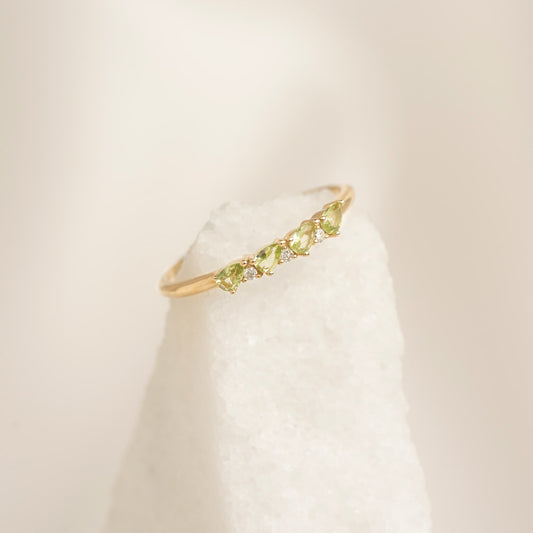 August Birthstone Pear Ring 14k Gold - Olivine and Diamond featuring pear cut olivine and diamonds on gold band