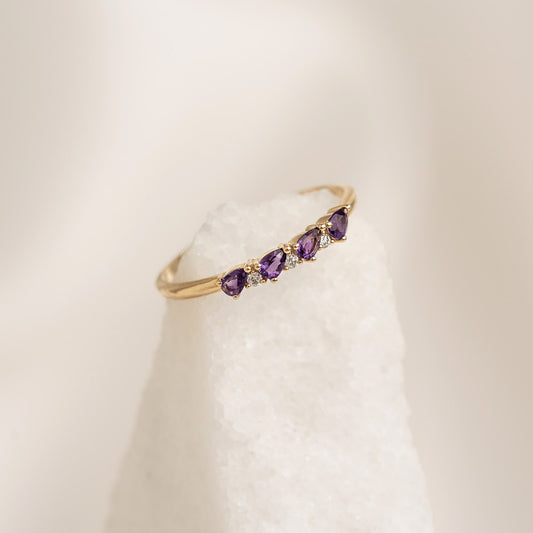 February Birthstone Pear Ring 14k Gold - Amethyst and Diamond with pear cut amethysts and round diamonds on gold band
