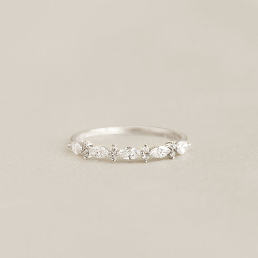 Close-up of Marquise and Round Diamond Ring White Gold - Aurelia with marquise and round diamonds on a white gold band