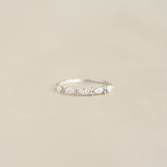 Close-up of Marquise and Round Diamond Ring White Gold - Aurelia with marquise and round diamonds on a white gold band