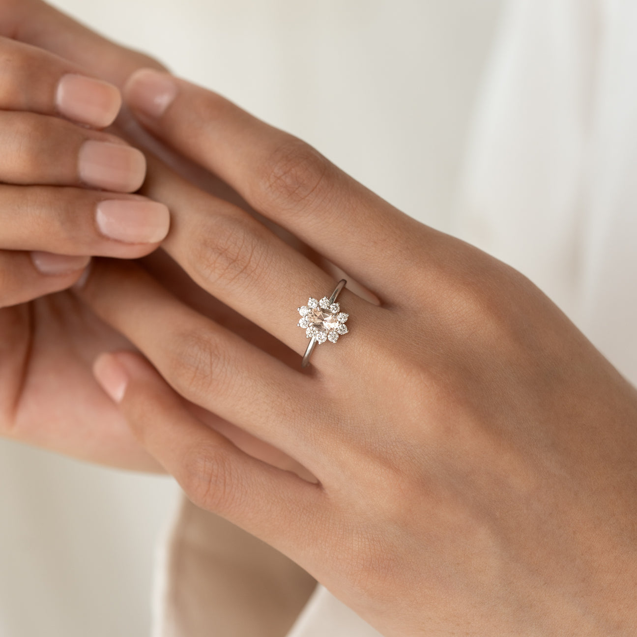 Sunburst Morganite Halo Ring White Gold - Evelina | Linjer Jewelry, image size:1296x1296