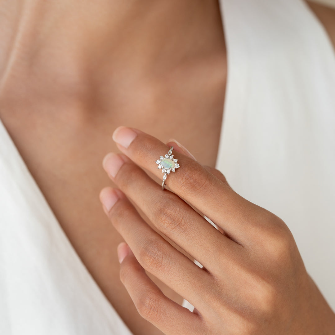 Sunburst Opal Halo Ring White Gold - Solana | Linjer Jewelry, image size:1080x1080