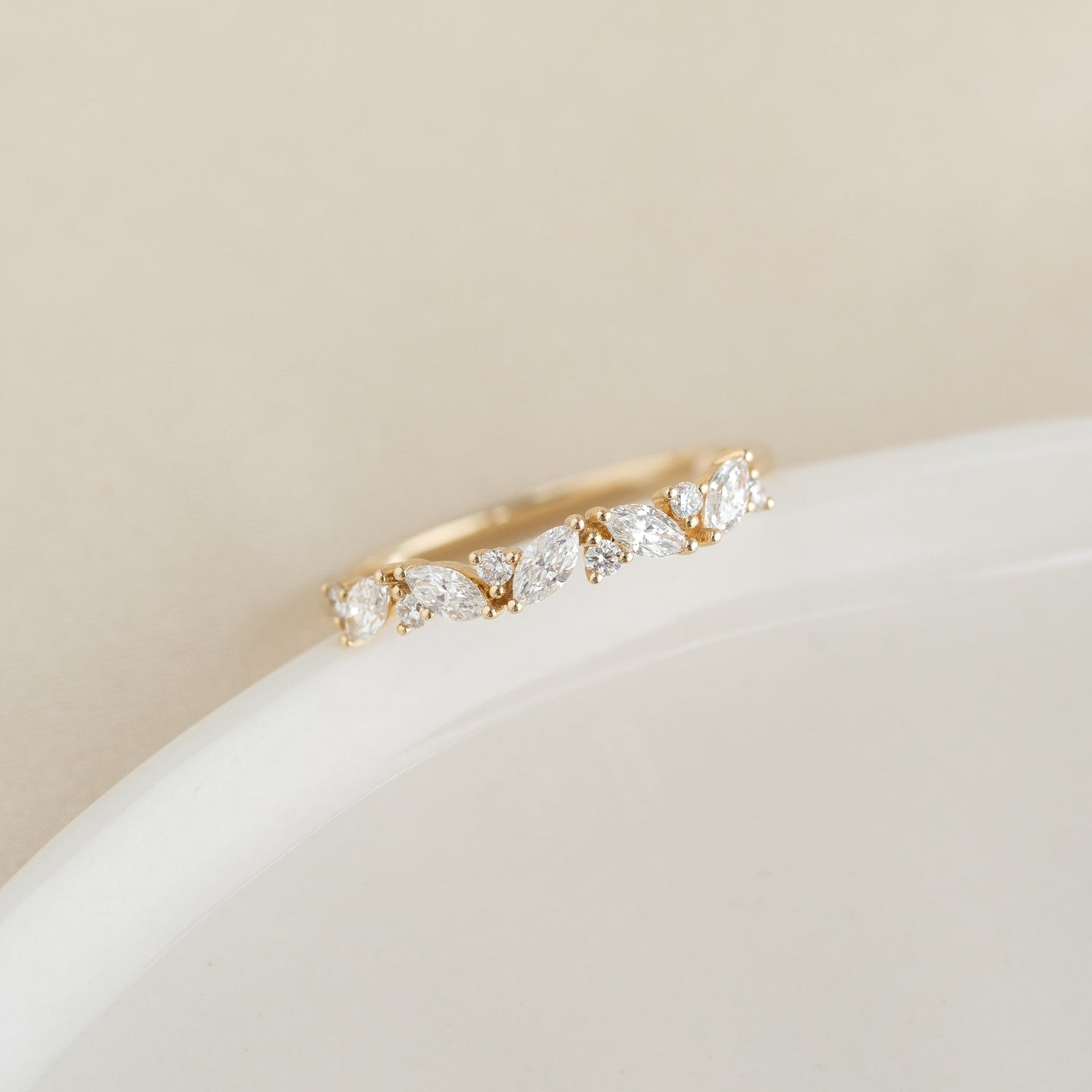 Close-up of Marquise and Round Diamond Ring 14k Gold - Celia featuring floral-inspired diamonds on yellow gold band