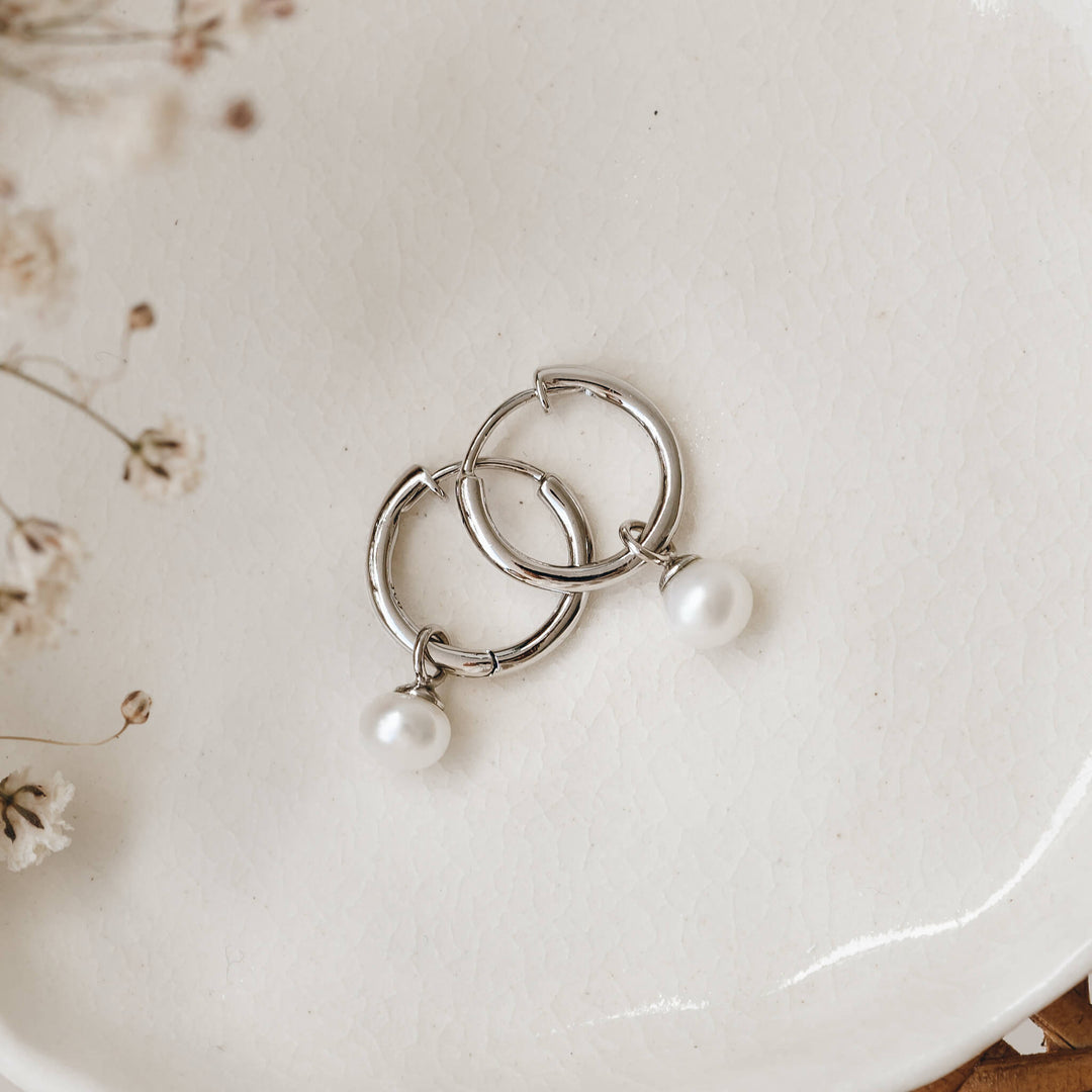 Freshwater pearl silver huggies