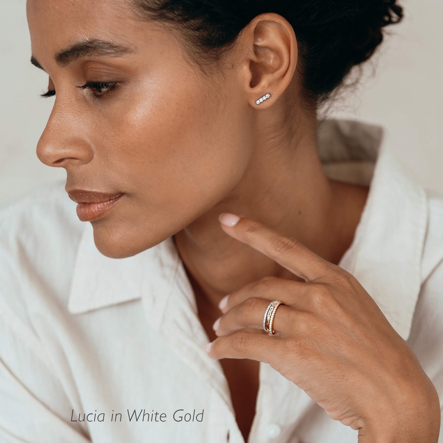 14k White Gold Diamond Bar Stud Earrings - Lucia