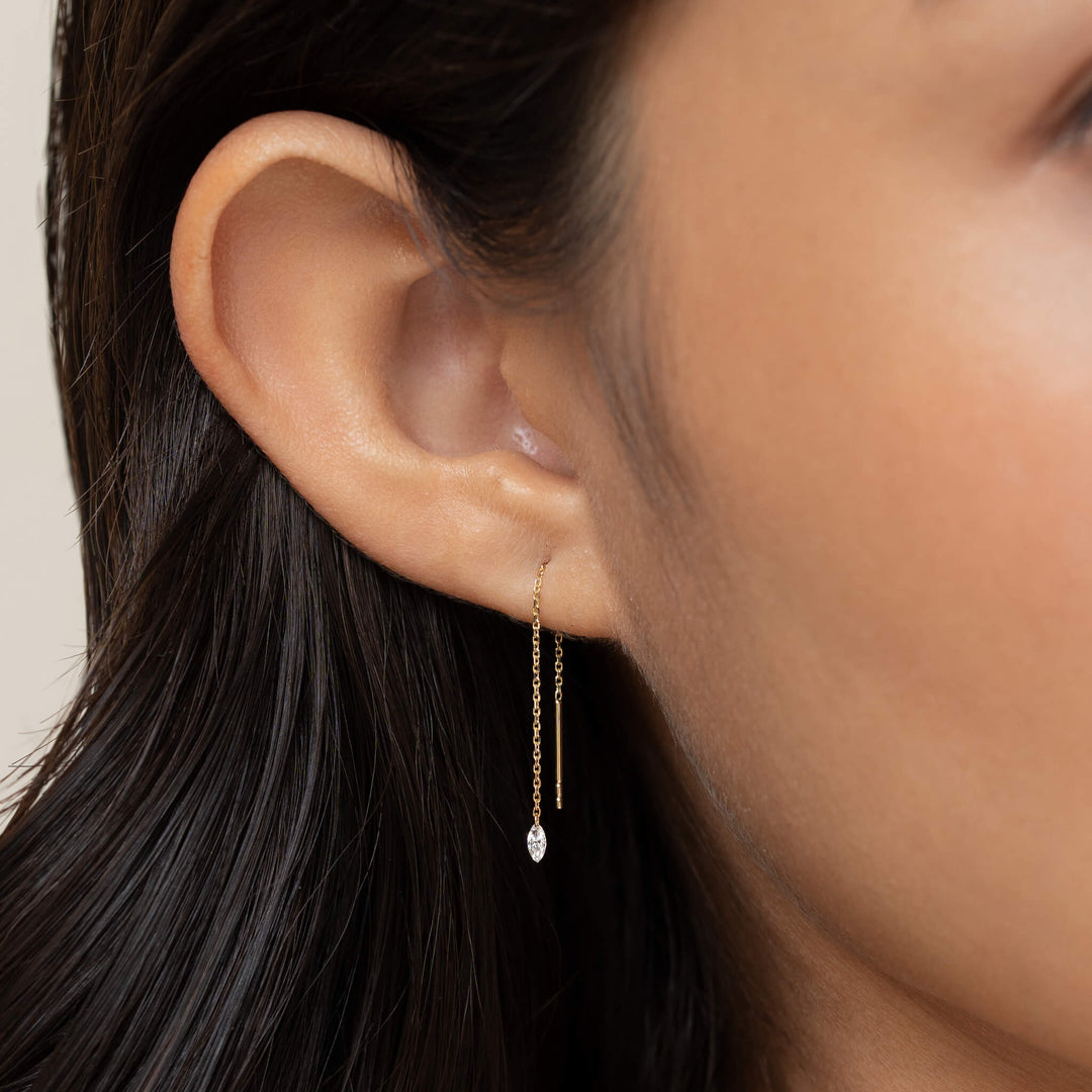 Close-up of an ear wearing a delicate Gold dangle earring with a small teardrop-shaped gem. The background is neutral, highlighting the elegant jewelry.