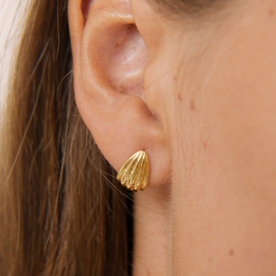 Close-up of an ear wearing a gold Scalloped Huggie Earrings - Tulisa with a shell-inspired design on a neutral background