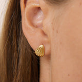 Close-up of an ear wearing a gold Scalloped Huggie Earrings - Tulisa with a shell-inspired design on a neutral background
