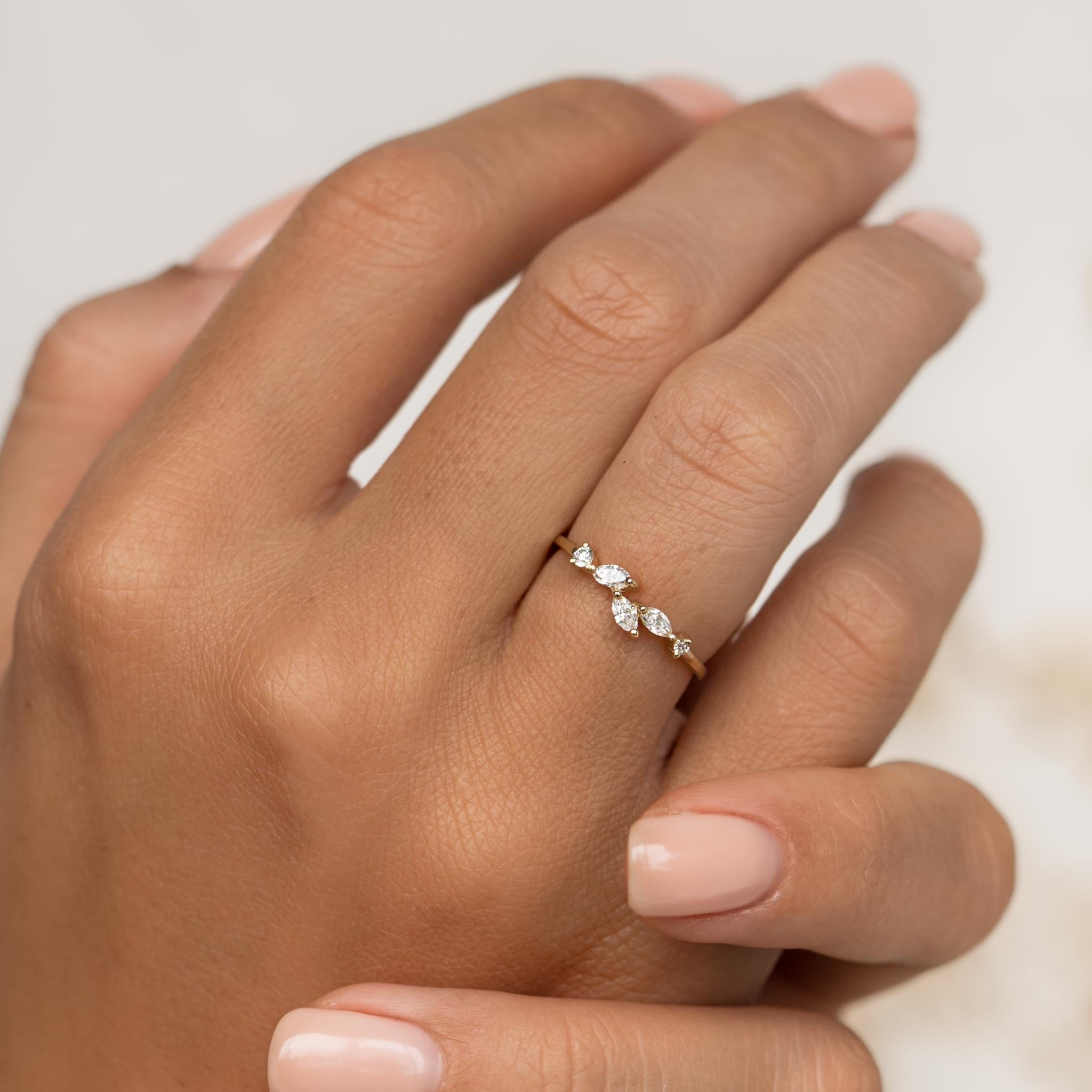 Leaf ring with five lab grown diamonds set on 14k gold band
