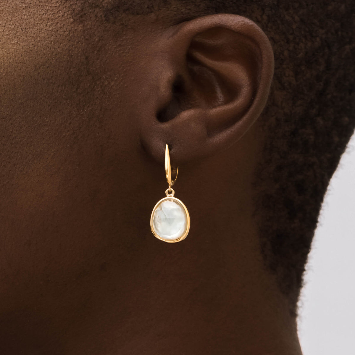 Round green amethyst gold vermeil pendant earrings on model