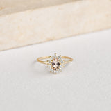 Sunburst Morganite Halo Ring - Evelina featuring an oval morganite center stone with diamond halo on a gold band