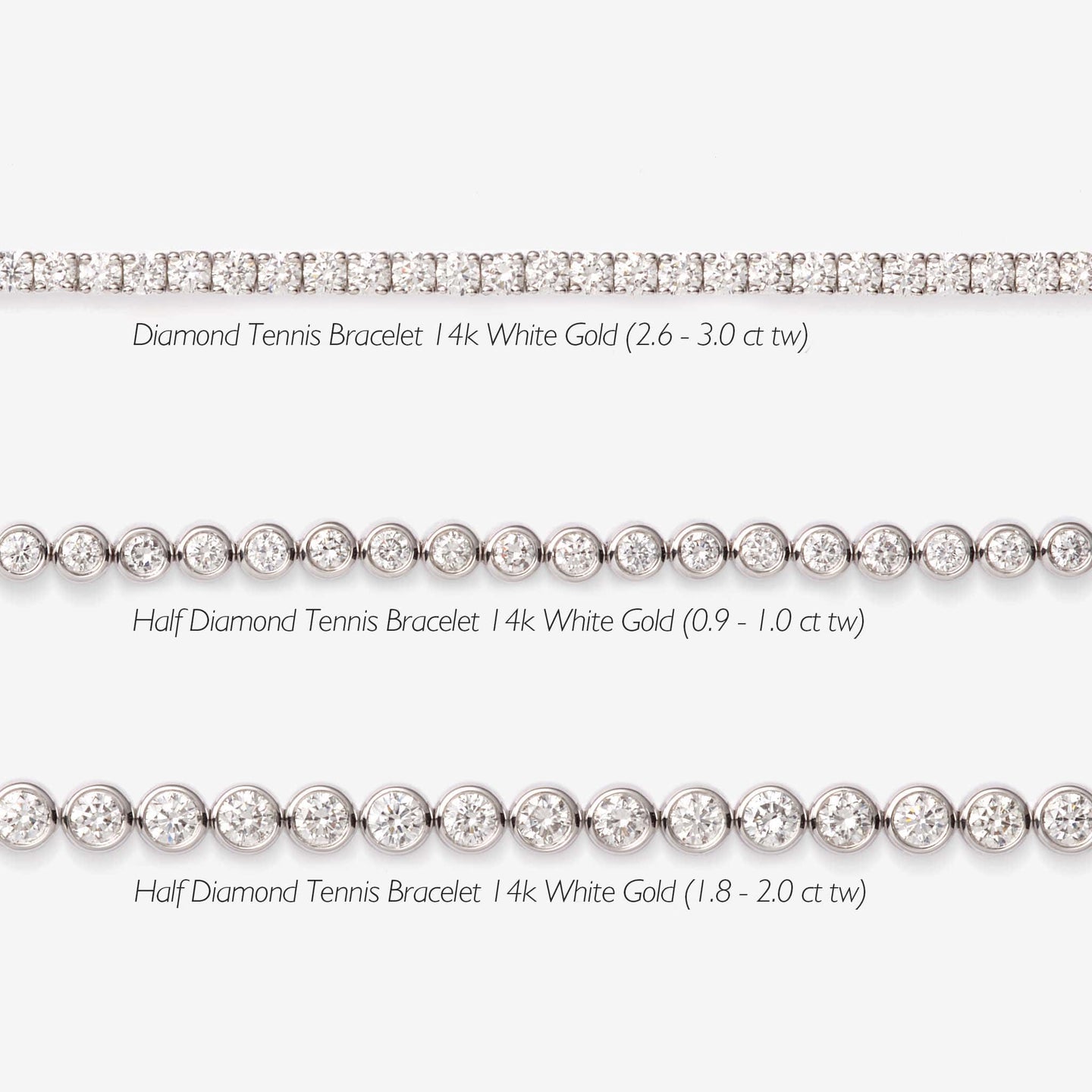 Half Diamond Tennis Bracelet 14k White Gold (1.8 - 2.0 ct tw) with bezel-set round diamonds on white background