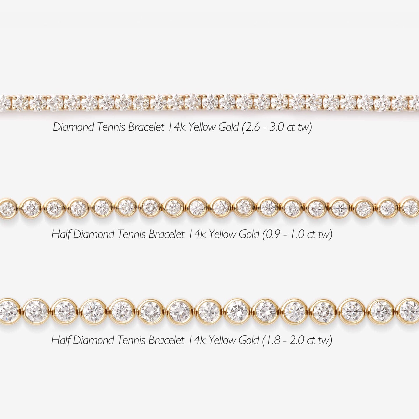Diamond Tennis Bracelet 14k Yellow Gold (2.6 - 2.7 ct tw, 6.5 inches) shown alongside two half diamond tennis bracelets
