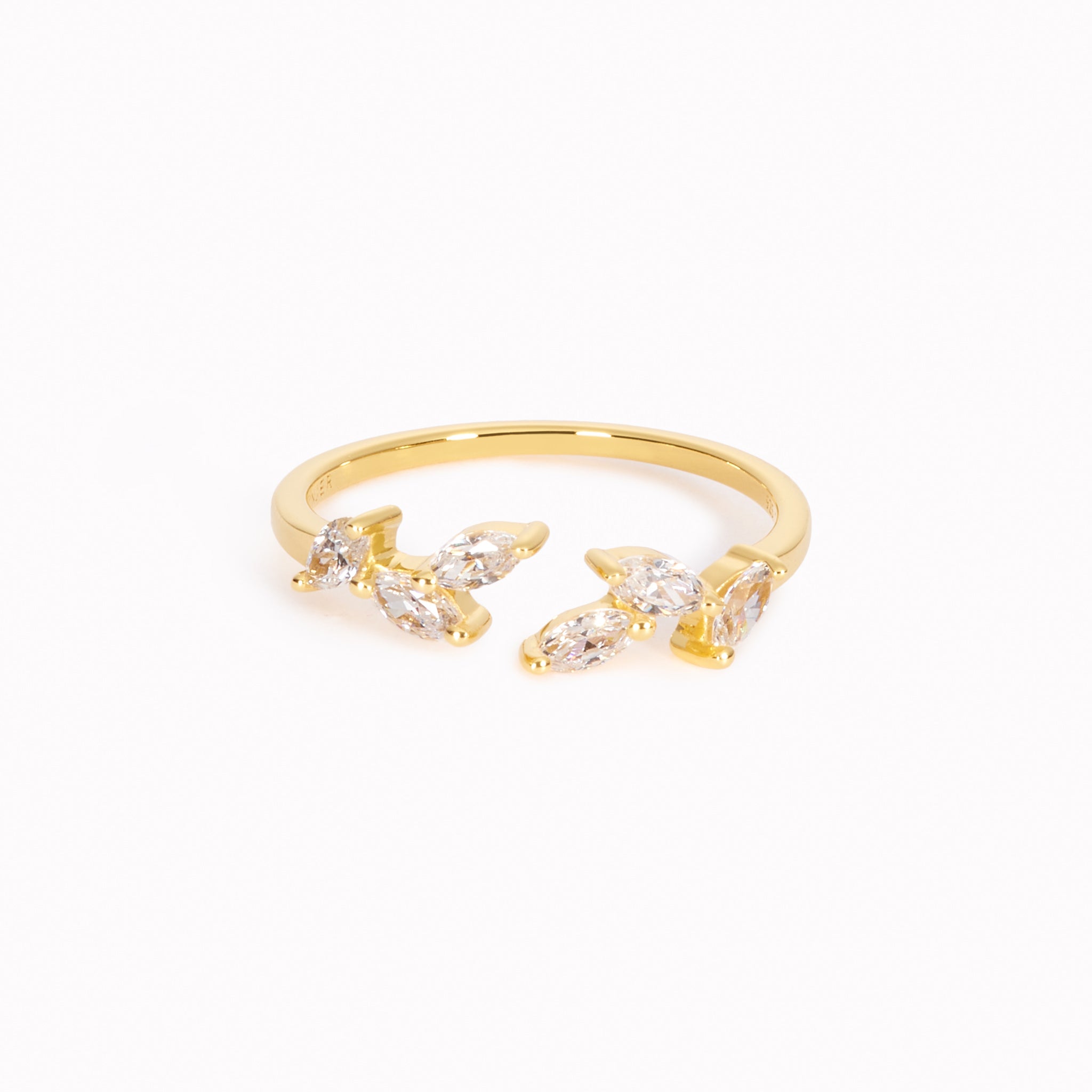 Gold vermeil leaf rings with marquise cubic zirconia stones