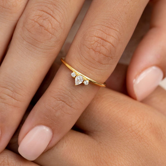 Crown ring with three cubic zirconia stones in gold vermeil