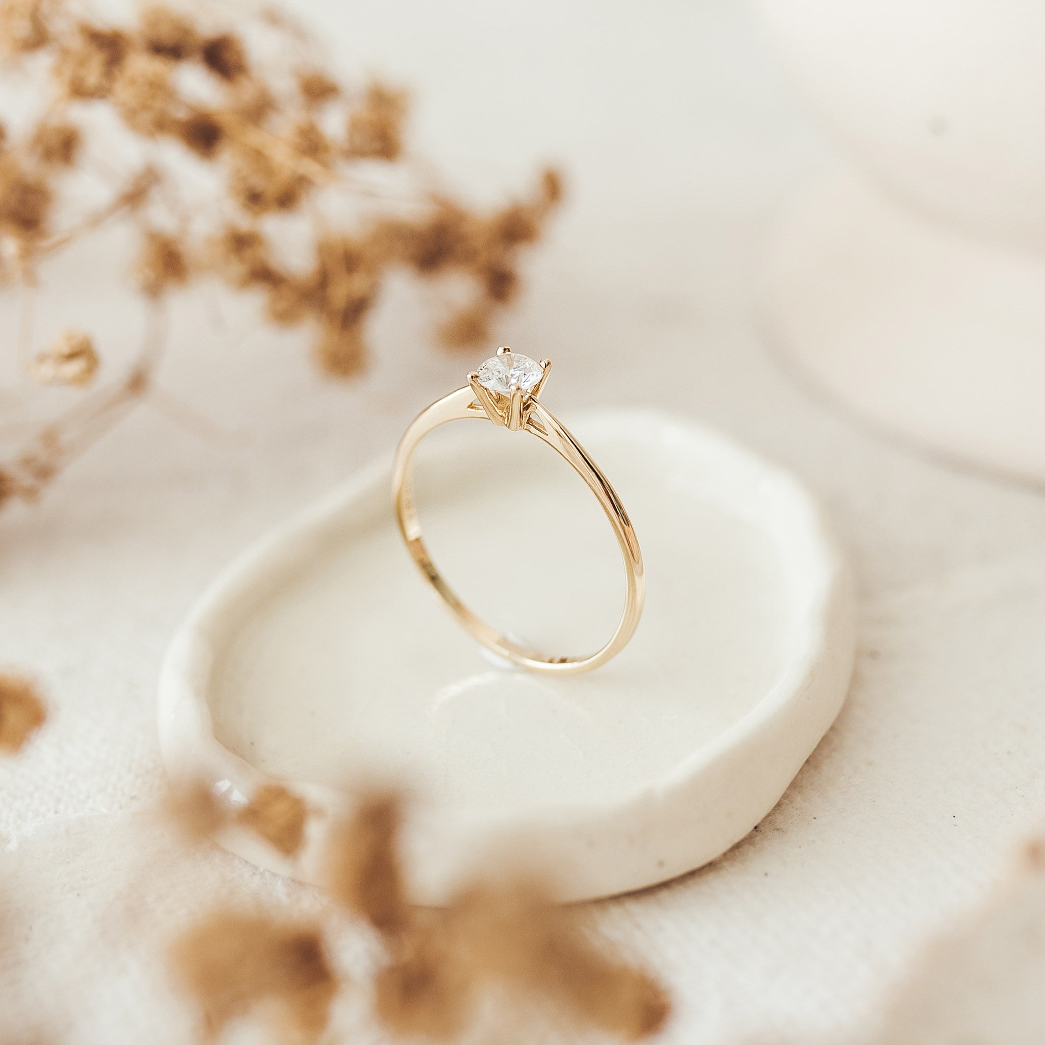 Prong setting round diamond on solid gold band