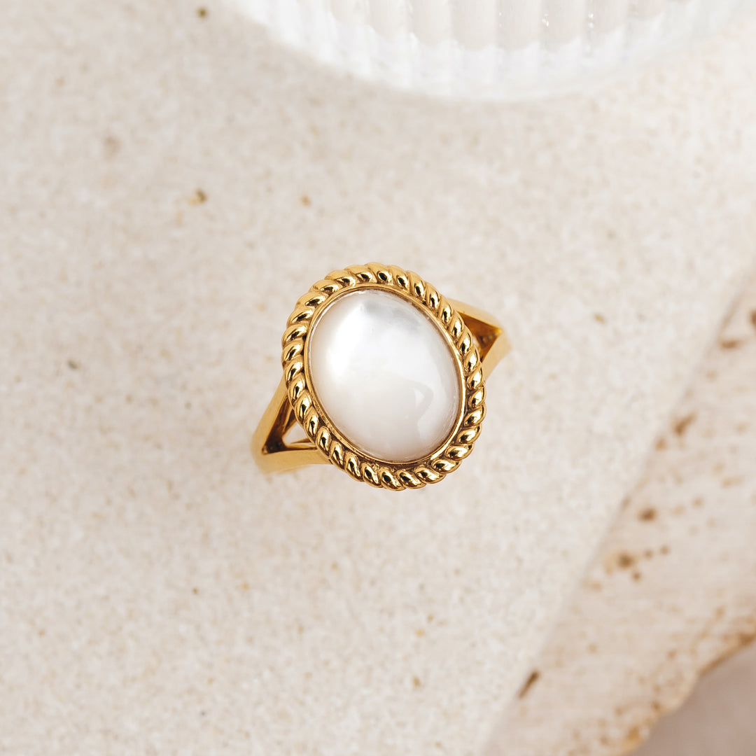 Mother of pearl cocktail ring with twist gold vermeil border