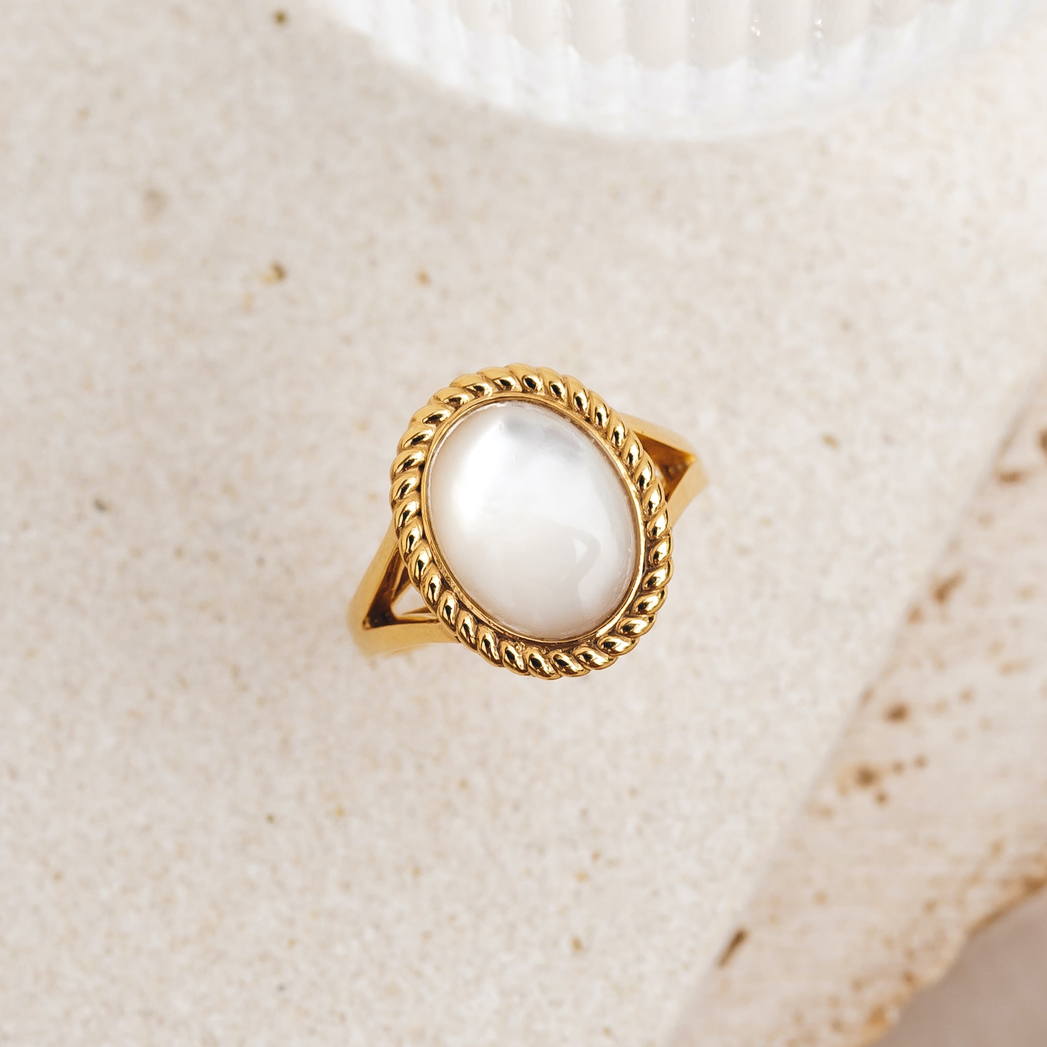 Mother of pearl cocktail ring with twist gold vermeil border