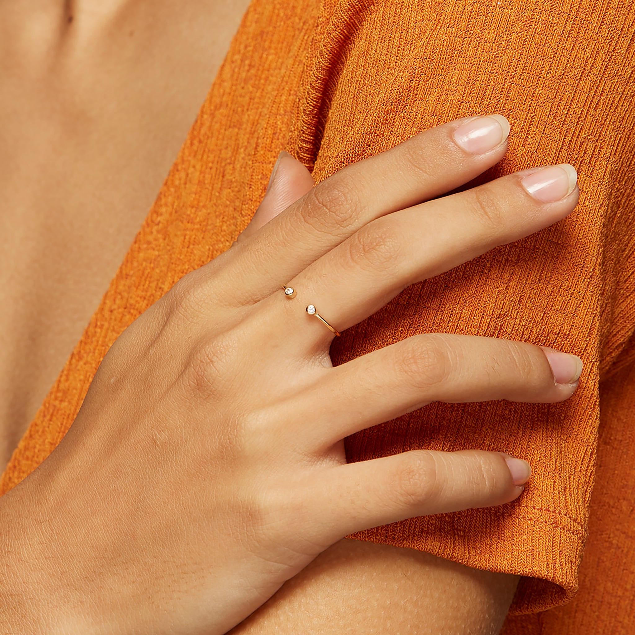 Diamond 14k solid gold modern ring on model