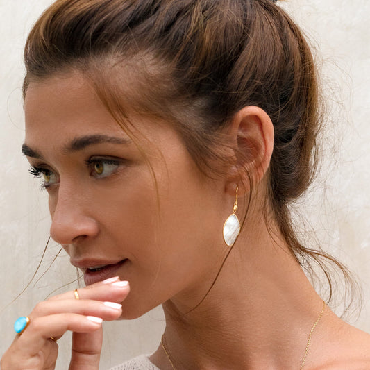 Mother of pearl pendant earrings on model