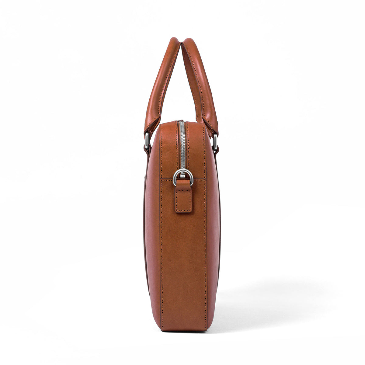 Side profile of The Soft Briefcase (Private) in smooth brown leather with a slim, sleek design on white background