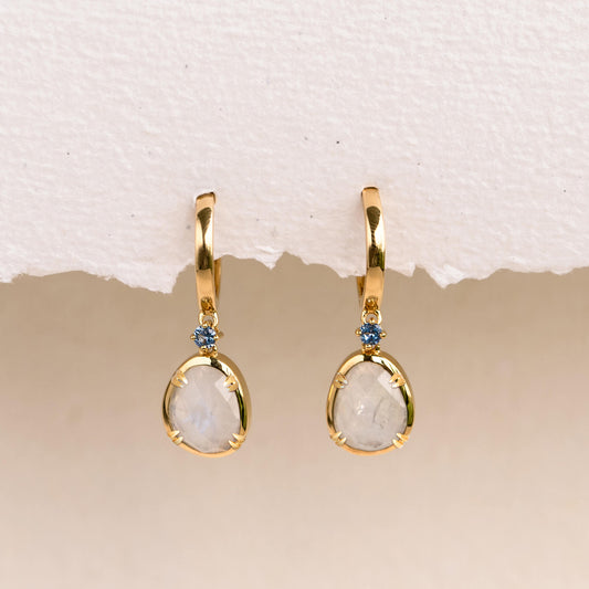 Rainbow moonstone earrings with blue cubic zirconia in gold vermeil