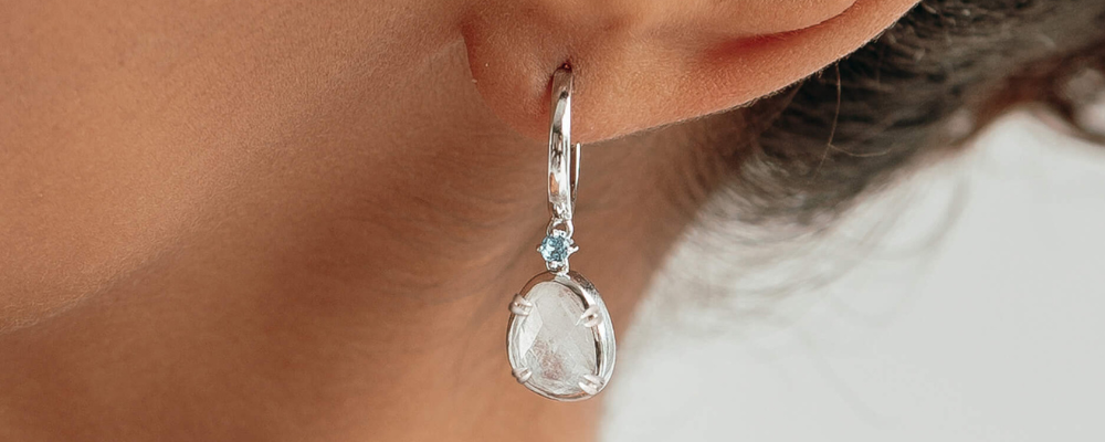 Sterling Silver Earrings - Silver Rainbow Moonstone Earrings - Victoria (Blue Gem)