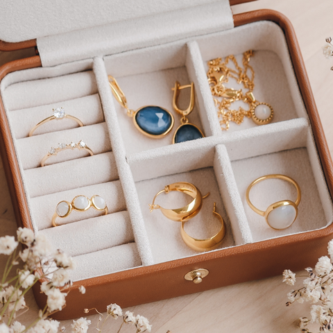 Jewelry box gold vermeil rings necklace earrings gemstone